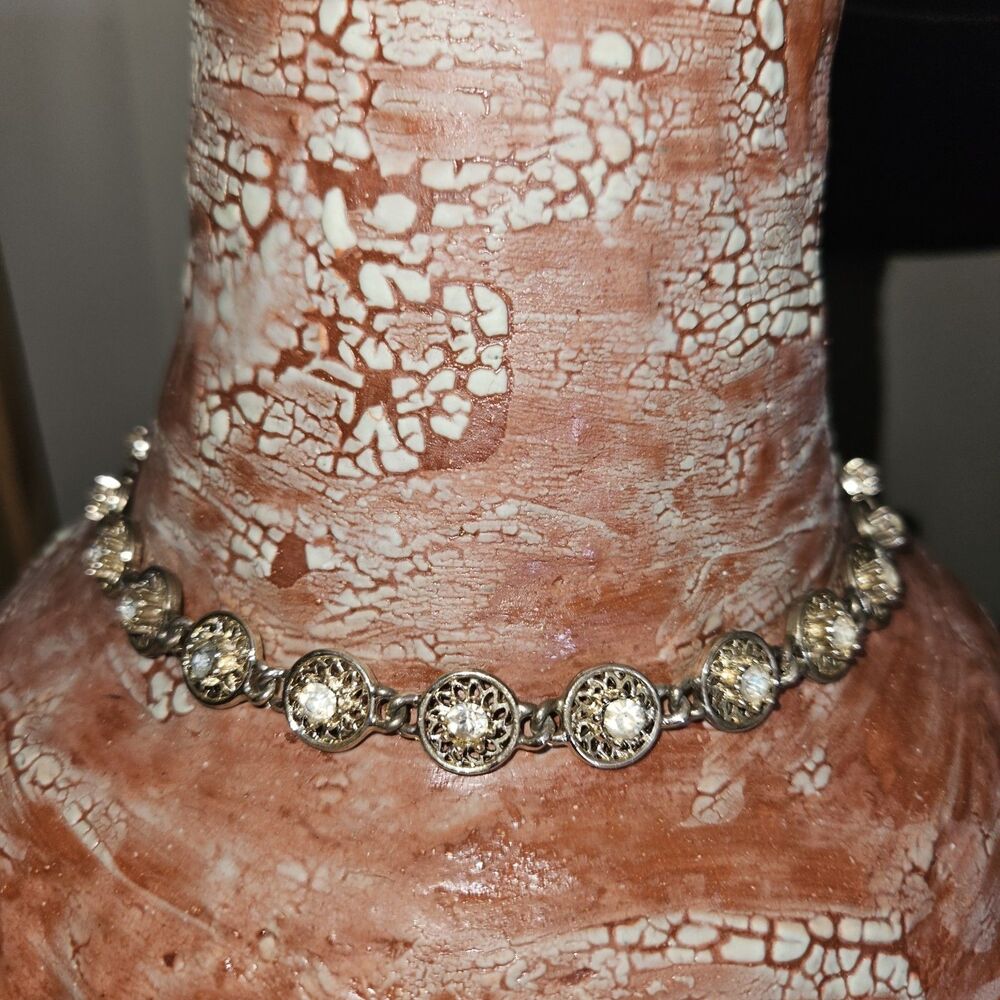 Vintage Signed Coro© Sunburst‎ Choker Necklace  Gold Tone Rhinestone Look ~50's